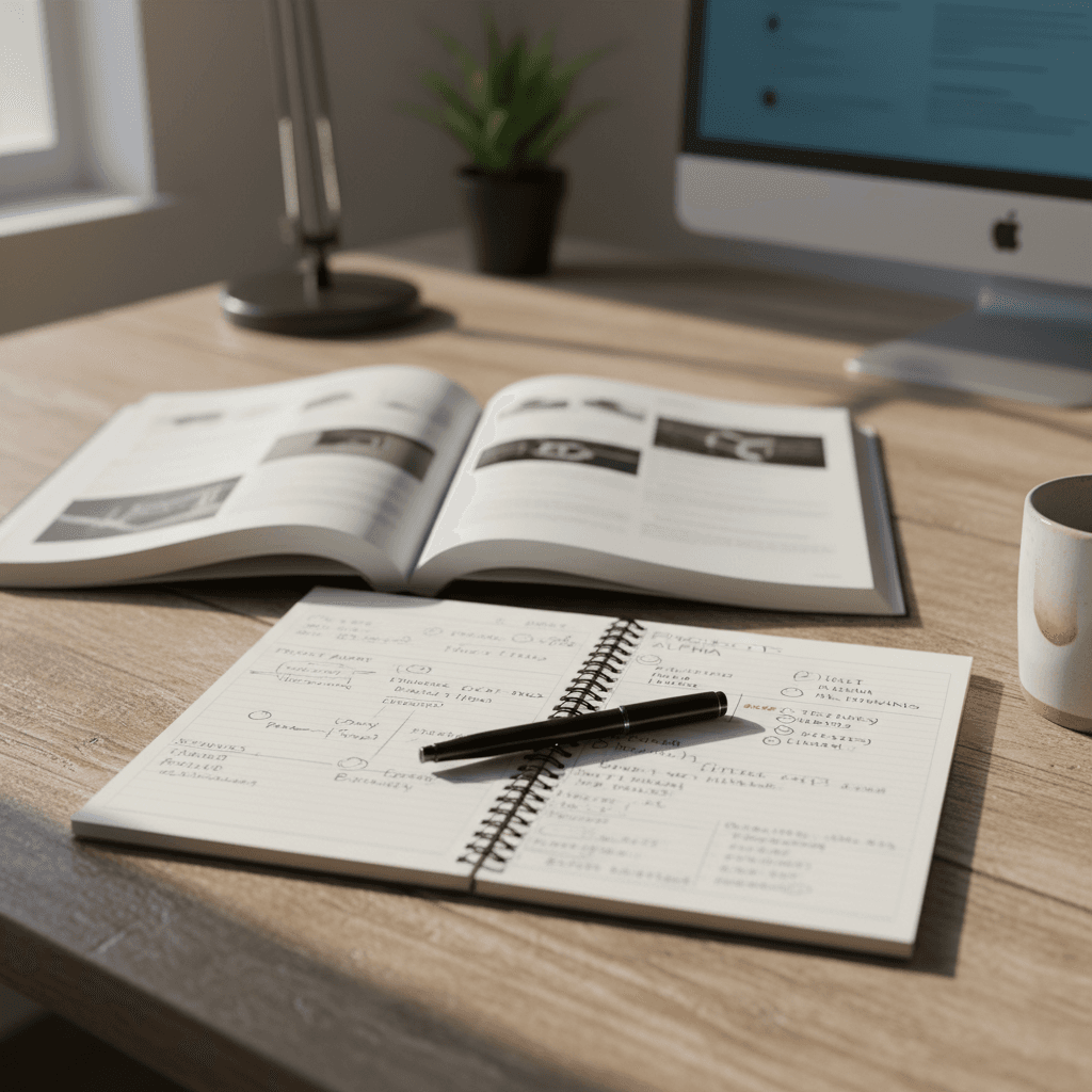 Ausbildungsmaterialien und Notizbücher auf einem Schreibtisch