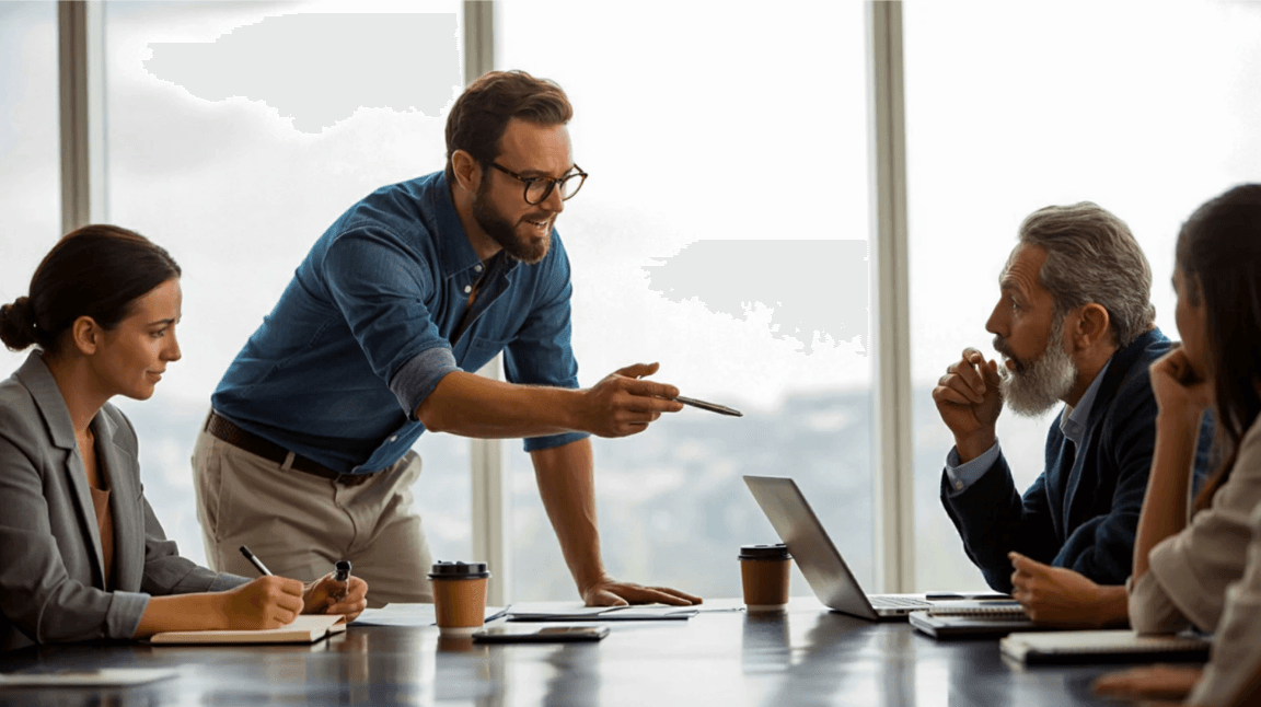 Ein Mann im blauen Hemd leitet eine intensive Diskussion mit Kollegen an einem Konferenztisch.